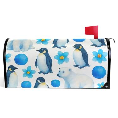 Imagem de TSENQUE Capas decorativas para caixa de correio magnética de outono envoltório de vinil ursos polares pinguins azul branco à prova de intempéries caixa de correio decoração de férias tamanho grande