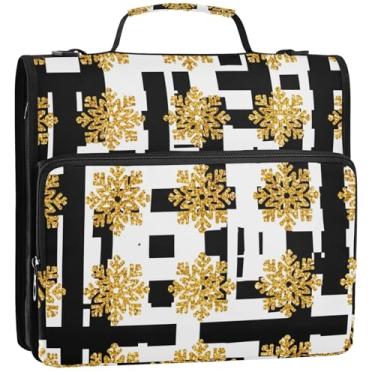 Imagem de Pasta organizadora de 3 anéis com 3 anéis de flocos de neve para serviço pesado, preto e branco, bolsa de fichário para ensino médio com alça, estojo básico de armazenamento com alça, 34,5 x 31,5 x 9