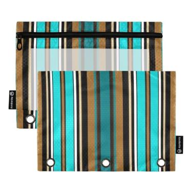 Imagem de GAIGEO Pasta de lápis listrada turquesa com 3 anéis, bolsa para canetas, fichário transparente escolar, bolsos para fichários transparentes, trabalho 25 x 18 cm, 2 pacotes