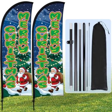 Imagem de Buryeah 2 conjuntos de bandeiras de penas de Feliz Natal com mastros de 2,1 m, bandeiras de Papai Noel com bolsa portátil, placas de festivais, faixa para decoração de férias de inverno ao ar livre