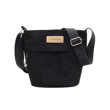 Imagem de Bolsa tiracolo de veludo cotelê, bolsa de ombro estilo vintage com tecido texturizado, bolsa feminina retrô, Preto, Medium, Mochila casual