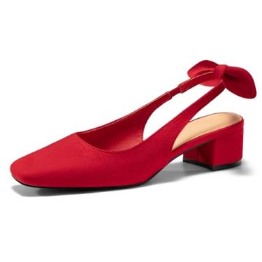 Imagem de Coutgo Sapato feminino grosso de salto baixo com laço, bico quadrado, fechado, vestido de festa de casamento, Vermelho, 39