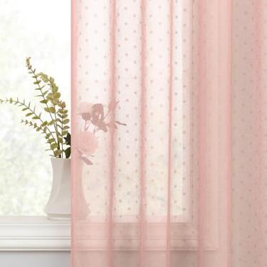 Imagem de Cortinas transparentes rosa 203 cm de comprimento, 2 painéis, lindas estampadas, blush, pêssego, rosa, transparente, bolinhas, painéis de janela para sala de estar, quarto, ilhós, lindas cortinas boho