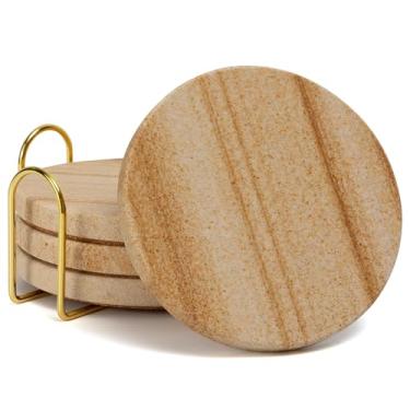 Imagem de YONGHEE Conjunto de 4 porta-copos de arenito com suporte, porta-copos de mármore redondos modernos elegantes para decoração de mesa de café, porta-copos de pedra absorvente para bebidas, 10 cm