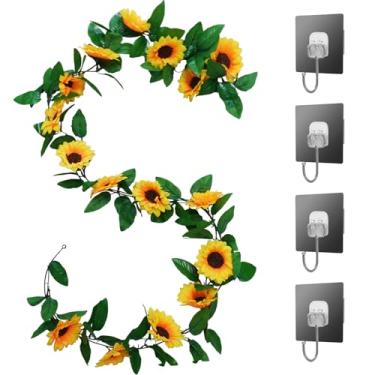 Imagem de Bairdish 2 peças de videiras artificiais de girassol, 2,3 m/fio de seda, pequenas flores amarelas falsas penduradas com folhas verdes para cozinha, casa, sala de estar, casamento, festa de aniversário
