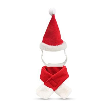 Imagem de JIALI7SEC Chapéu de Papai Noel com cachecol, conjunto de fantasia de Natal adorável para cachorrinho, cachorro, gato, coelho (vermelho + branco)