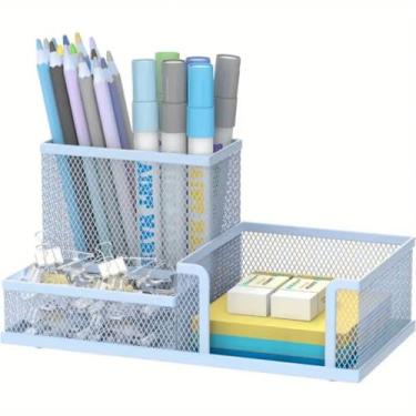 Imagem de Organizador de Canetas 3 Compartimentos – Para Mesa de Escritório e Estudo, Organizador Compacto e Funcional(Metal Candy Color Azul)