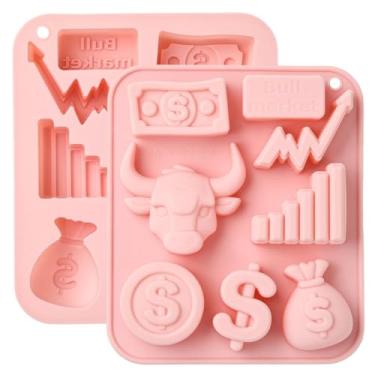 Imagem de Ipotkitt 2 moldes de doces de silicone com tema de mercado de ações rosa símbolo de dólar bull market moldes de goma para geleia fondant chocolate doce bolo de gelo artesanato DIY