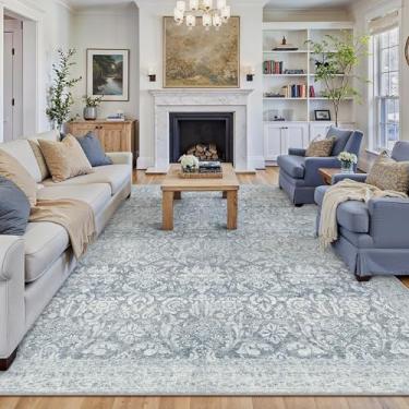 Imagem de PureCozy Tapete de área azul 20 x 25 cm, lavável, vintage, sala de estar, quarto, antiderrapante, macio, macio, tapete fino, retro, destaque, escritório, sala de jantar