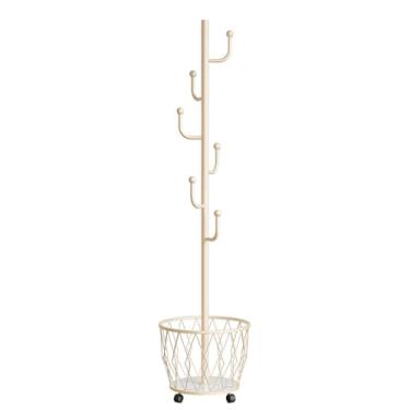 Imagem de Cabideiro de metal com 6 ganchos, guarda-roupa branco em rolos, cesta de pendurar rodas para casacos e jaquetas - suporte estável e elegante, para vestiário ou entrada, suporte de acabamento para
