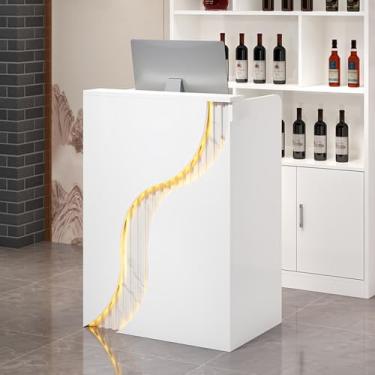 Imagem de Mesa de recepção, balcão frontal com gaveta com trava, mesa de caixa com luzes LED, balcão de varejo para caixa, saguão, salão de beleza, mesa de escritório em casa (branco, 100 x 40 x 96 cm)