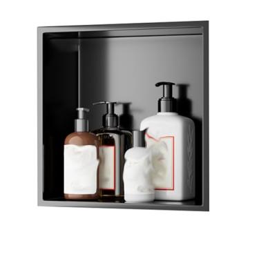 Imagem de Nichos de aço inoxidável, interiores de banheiro, nichos embutidos, prateleiras de armazenamento de produtos de higiene pessoal e cosméticos, divisórias de armário de TV (cor: preto, tamanho: 32 x 32