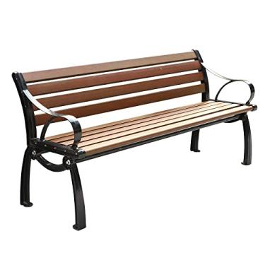 Imagem de Banco de jardim com encosto e apoio de braço largo, cadeira de banco de pátio com estrutura de metal e madeira, móveis de madeira para varanda e varanda (tamanho: 120 x 61 x 78 cm)