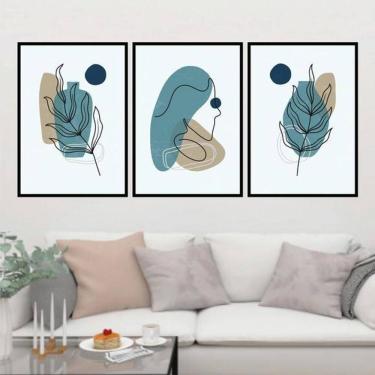 Imagem de Kit 3 Quadros Florais Boho Azul 33X24 C/Vidro Madeira Preta