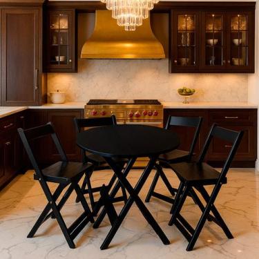 Imagem de Kit Bistrô Redondo Eucalipto Dobrável com 4 Banqueta Madeira cor: Pret