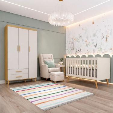Imagem de Conjunto Quarto Bebê Retrô Berço Americano 3 em 1 Ludmila Guarda Roupa 3 Portas Mdf Off White OFF WHITE COM BÉTULA