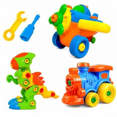 Imagem de Brinquedo Infantil de Montar com Chave Educativo Kit Trem Dinossauro e