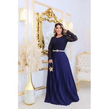 Imagem de Vestido Longo Plissado Renda Poliéster Feminino Afina Cintura - Terra 