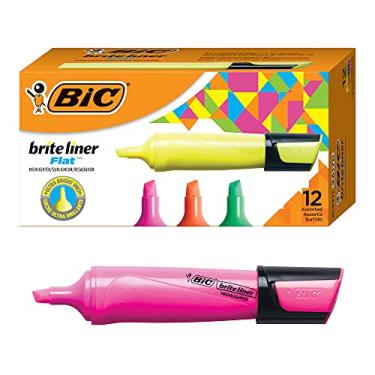 Imagem de BIC Marca-texto plano Brite Liner, ponta de cinzel para destaque amplo e forro fino, cores sortidas, 12 unidades
