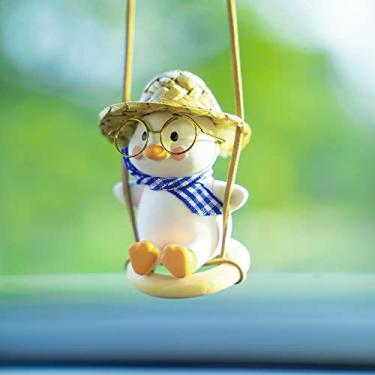 Imagem de Pingente de carro de pato no balanço – Presente fofo para decoração de carro de pato giratório para espelho retrovisor (gravata azul)