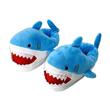 Imagem de shamjina Pantufas de Pelúcia de Tubarão Engraçado Algodão Casual para Casais Adultos de Quarto Interior Unisex, Azul