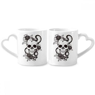 Imagem de Conjunto de canecas de porcelana para casais, estampa de caveira, cobra, desenho de cobra, coração de cerâmica