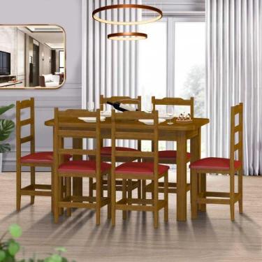 Imagem de Mesa Com 6 Cadeiras Estofadas Madeira Maciça Imbuia Vermelho Pérola Ne
