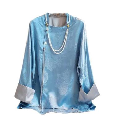 Imagem de Camisa feminina de flor de seda chinesa com decote quadrado azul retrô com borla diagonal e manga comprida, Azul, PP