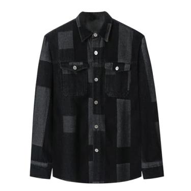 Imagem de Camisa jeans masculina de manga comprida com estampa xadrez combinando com cores para roupa de fora, caimento solto, gola larga, Preto, 3G