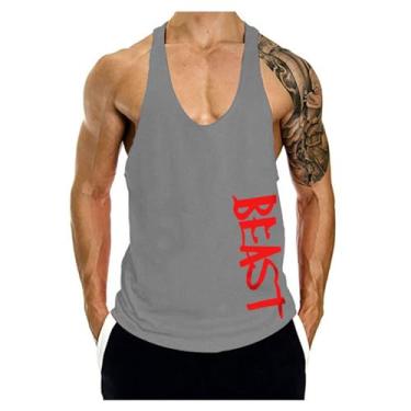 Imagem de Camiseta regata masculina estilo nadador nas costas com ajuste muscular, cor sólida, estampa de letra única, sem mangas, camiseta de ginástica, Cinza, G