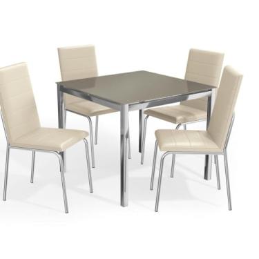 Imagem de Kit Conjunto Mesa Quadrada 4 Cadeiras 90 x 90 cm Sala de Jantar Cozinha Vidro Metal Cromado Nude