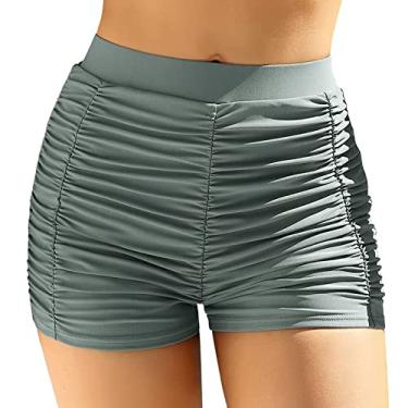 Imagem de Calcinha de banho feminina 2024 verão cintura alta cobertura total franzido calcinha de biquíni cor sólida shorts de banho, Cinza, XXG