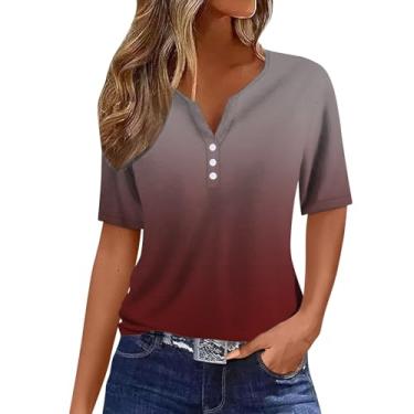 Imagem de Camisetas femininas de verão de manga curta com estampa gradiente, gola V, túnica de botão, blusa lisa, tecido leve, Vermelho melancia, M