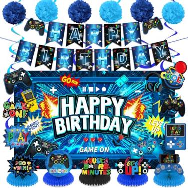 Imagem de Decorações de banner de aniversário de videogame centros de mesa em forma de favo de mel redemoinhos para meninos brinde a aniversário suprimentos de cabine de fotos (azul preto feliz aniversário)