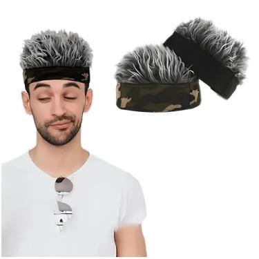 Imagem de Chapéu de Peruca Masculino, Chapéu de Peruca Artificial Masculino Camuflagem Cor Cinza Tamanho Ajustar Engraçado Cabelo Curto Bandana Curta Masculina para Festas Atividades