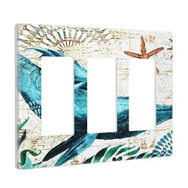 Imagem de Placa de interruptor de luz com mapa náutico baleia 3 interruptores de luz decorativa tripla tomada tomada capa de parede placa frontal decorativa para banheiro casa sala de estar quarto decorar 16 x 12 cm