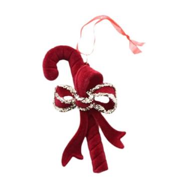 Imagem de Kokiya Decoração para pendurar em árvore de Natal Pingente de Natal Foto Adereço para casa Enfeite de Natal vermelho flocado para berçário Festival Fazenda, Bengala 11x6cm