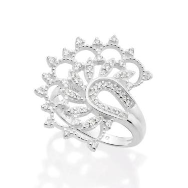 Imagem de Anel rommanel prata 925 feminino grande maxi meia flor lótus pedra zir