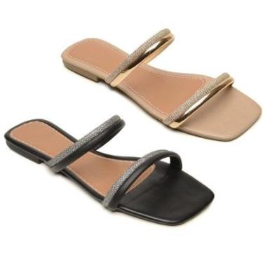 Imagem de Kit 2 Rasteirinhas Feminina com Strass Confortável Fashion Verão-Feminino