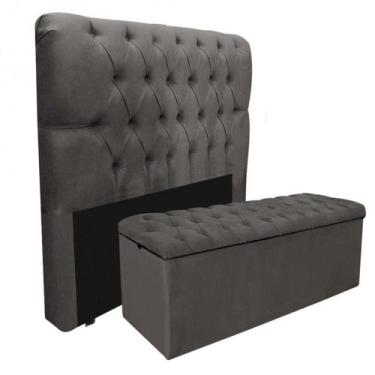 Imagem de Kit Baú Recamier Mais Cabeceira Madrid King Size Suede Cinza - SULA MÓ