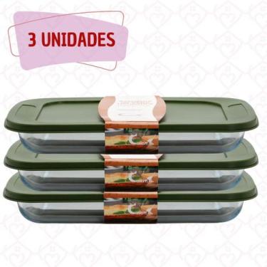 Imagem de Conj 3 Travessa Refratária Vidro Retang 2,2L Tampa Silicone - CasaVita
