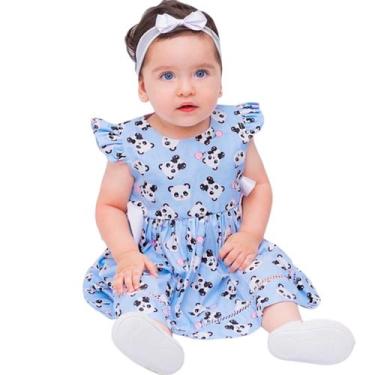 Imagem de Vestido de Bebê Roupa Menina Infantil Com Tiara 100% Algodão - Panda -