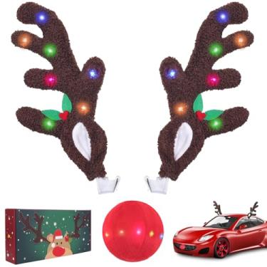Imagem de Chifres de rena para carros – chifres de rena de carro e nariz com luz LED, chifres de carro com orelhas para Natal, decoração de Natal de carro Rudolph de nariz vermelho, 3 modos de iluminação para