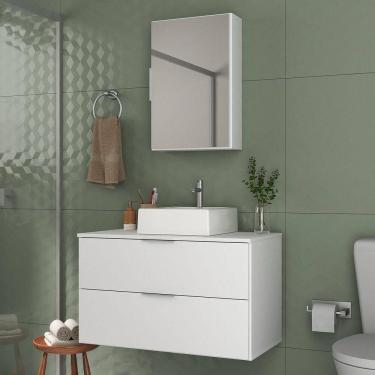 Imagem de Conjunto Gabinete Banheiro Rubi 80cm - Gabinete + Cuba + Espelheira Branco Inteiro