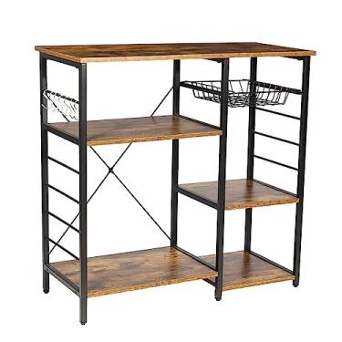 Imagem de LUSIMO Prateleira para padeiros de cozinha com prateleira de armazenamento, mesa de café com cesta de arame, 7 ganchos, suporte de forno de micro-ondas, estrutura de metal, organizador de madeira,