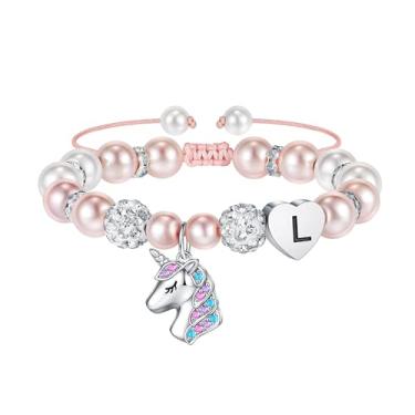 Imagem de Hidepoo Presentes de unicórnios para meninas - Pulseira de unicórnio com inicial de coração com pérolas rosa e strass para meninas, joias de unicórnio, arco-íris, zircônia, pulseira, aniversário,