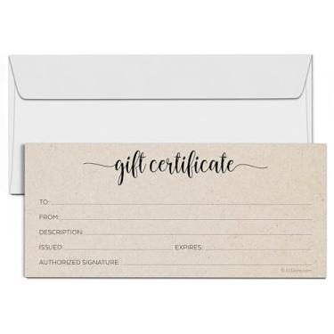 Imagem de Certificados de presente em branco 321Done 10 x 23 cm Kraft Tan Color para pequenas empresas, feriados, Natal, spa, salão - script minimalista - Feito nos EUA, With Envelopes, 4" x 9"