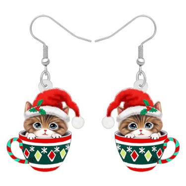 Imagem de RAIDIN Brincos pendentes de gato de Natal fofos de acrílico, presentes para meninas, crianças, amantes de animais de estimação, anime, gatinho, joias para mulheres, decorações de festas de fim de ano,