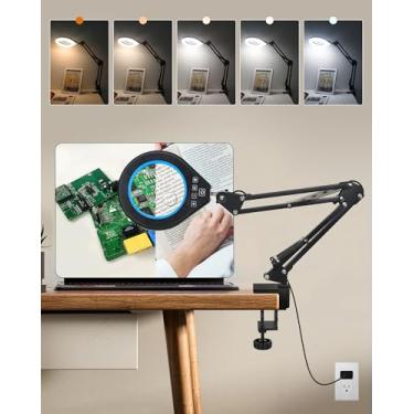 Imagem de Lupa com luz, vidro real 10X e 5X e lente antirreflexo, 5 modos de cores, lâmpada de LED regulável contínua, luminária de mesa mãos-livres com grampo para artesanato e reparo de leitura, hobby (azul)