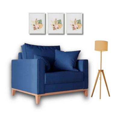 Imagem de  Poltrona Beny Individual em Linho, Base em Madeira, Com 2 Almofadas